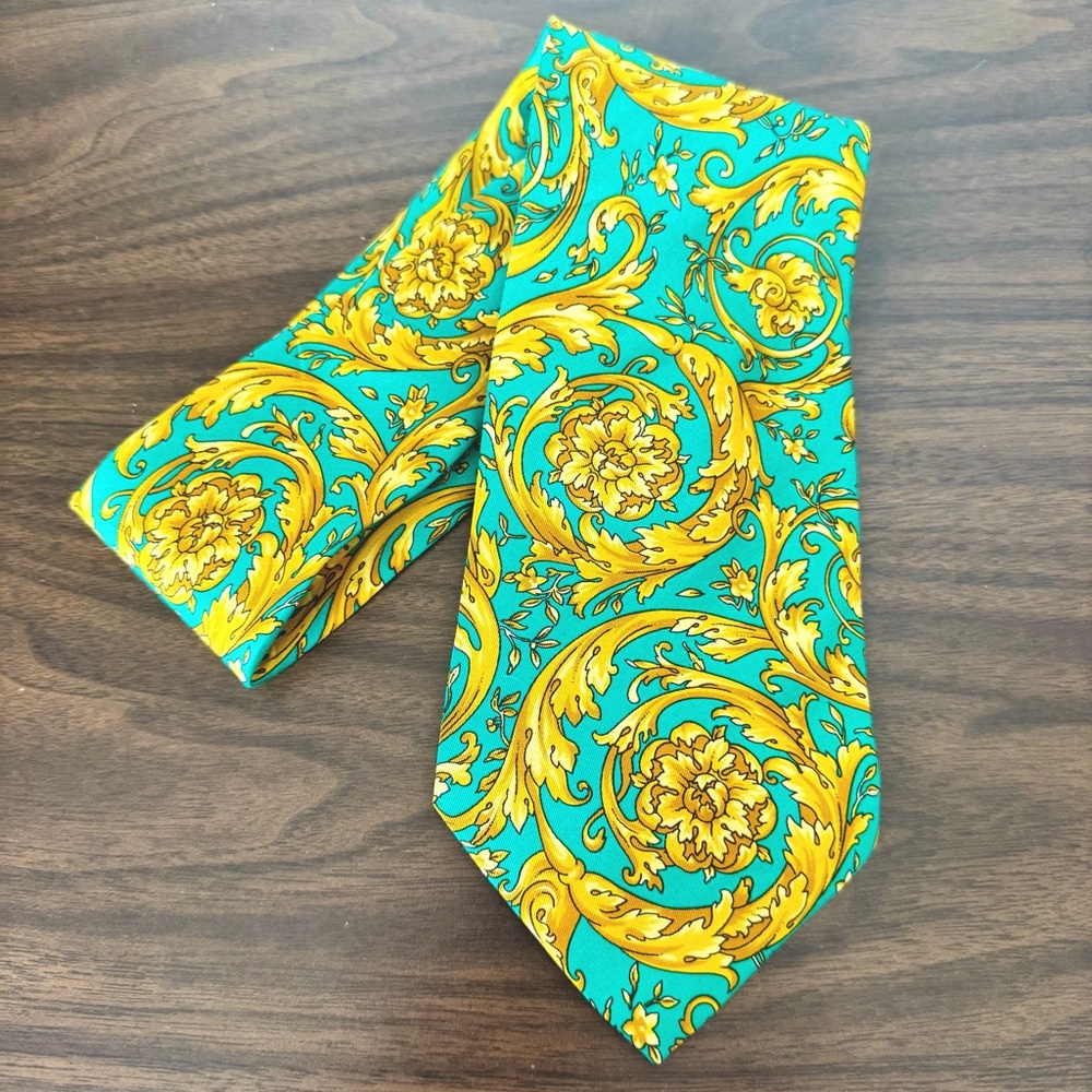 Versace Teal Green and Gold Baroque Tie